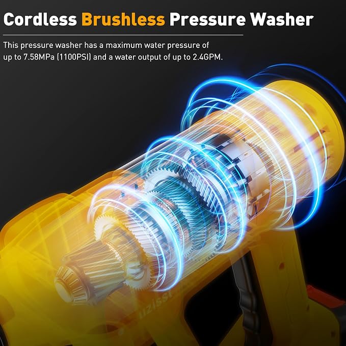 Cordless Portable Washer,1100PSI Cleaning Tool for Car/Patio/Garden | Draw Water From Bucket, Garden Hose or Fauce with 10-Speed Control, Battery Display and Adjustable 6-in-1 Spray Nozzle.