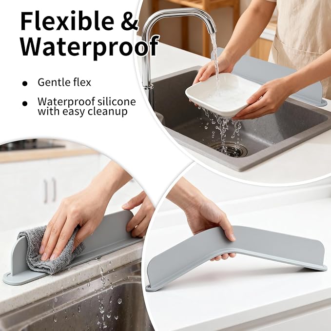 19.2inch(49cm) Silicone Sink Splash Guard, Sink Splash Guard with Suction Cup,Kitchen Sink Water Splash Guard, Kitchen Sink Splash Guard that Can Be Placed Behind (2, Gray)