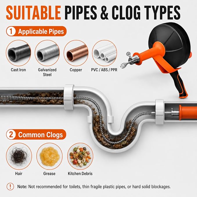 25FT Drain Auger with Drill Adapter, Durable Pipe-Safe Plumbing Snake, Auto-Retract Clog Remover for Kitchen Sink, Bathroom, Shower, Tub, Gloves Included
