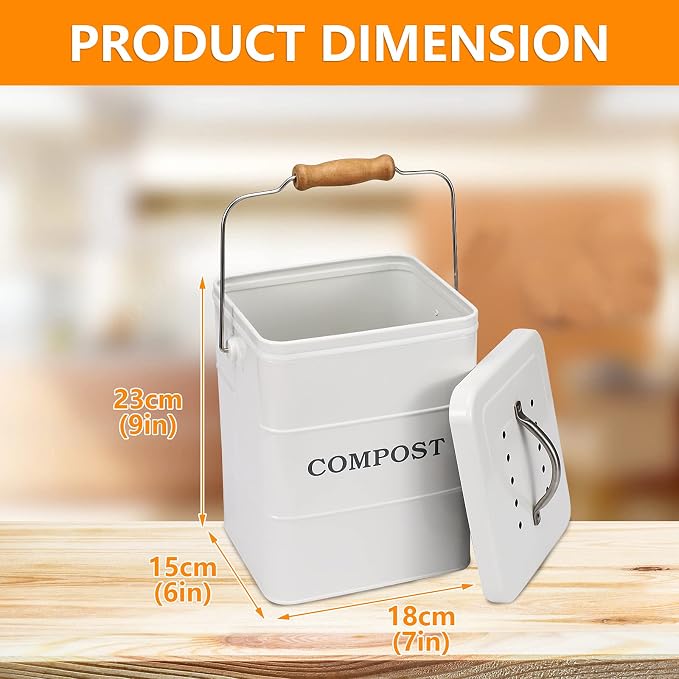 Stainless Steel Compost Bin, 1 Gallon, Kitchen Countertop Compost Bin, Includes Charcoal Filter, White