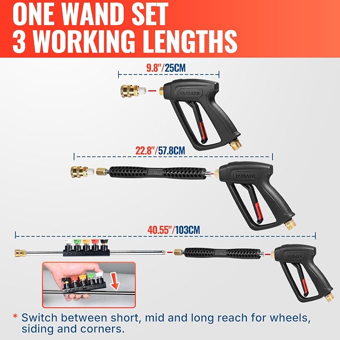 YAMATIC Pressure Washer Gun and 25FT Hose M22-14mm & M22-15mm with Wand | 4000PSI 5 Tips Holder 1/4" QC Outlet for Foam Cannon, Kink Resistant Power Wash Hose, Replacement for Ryobi Simpson Craftsman