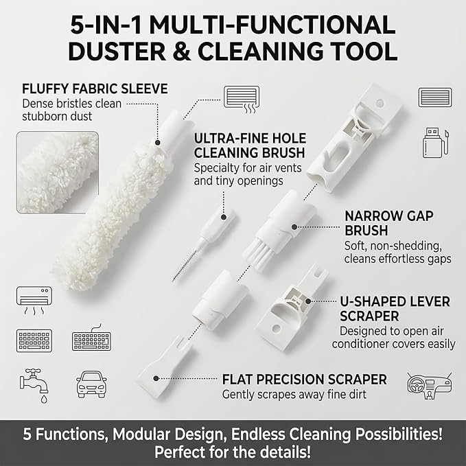 Home Detail Cleaning Kit, Crevice Cleaning Brush, 5-in-1 Detail Duster, Replacement Pads, Microfiber Sleeves and Storage Bag for Window Tracks, Air Vents, Kitchen and Bathroom
