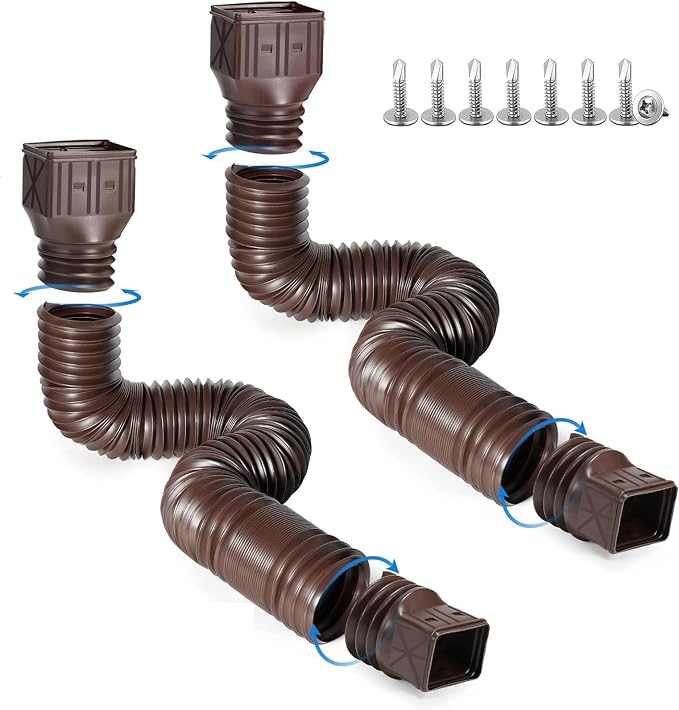 2 Pack Flexible Rain Gutter Downspout Extensions,Drain Downspout Extender,Gutter Extension Flexible,Down Spout Drain Extension Pipes,Extendable from 21 to 60 Inches (Brown)
