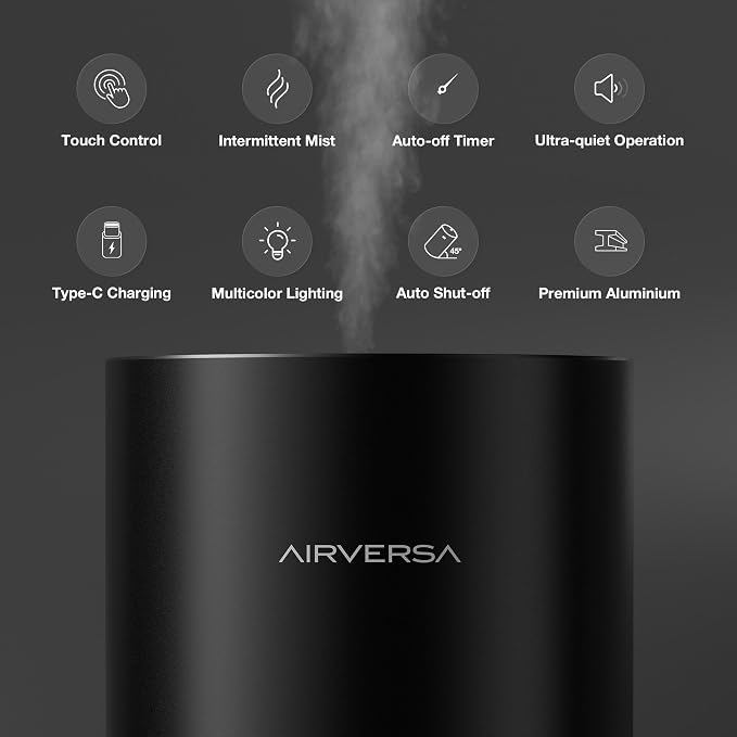 Airversa RD1 Waterless Essential Oil Diffuser Starter Kit, Black | 2x30 mL Hotel Scent Fragrance Oil, Up to 600 sq ft, Battery Operated, 100mL Capacity, Multi-mode Ambient Light, RD1Kit-2x30-B