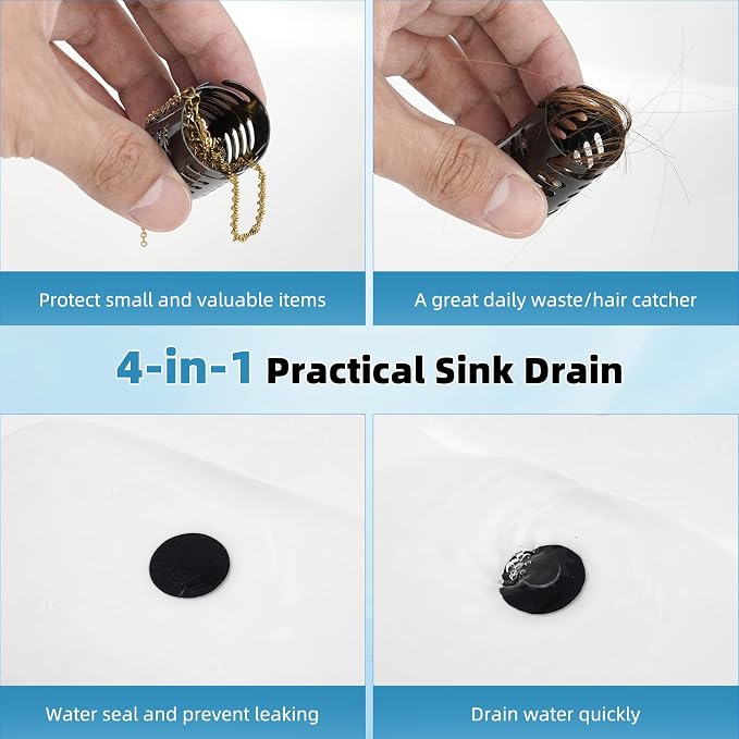 Upgraded Bathroom Sink Drain Strainer Hair Catcher 2PCS Universal 3 in 1 Pop-up Sink Stopper, Fit for 1.1''~2.36'' Basin Hole, with Detachable Stainless Steel Filter Basket, Matte Black