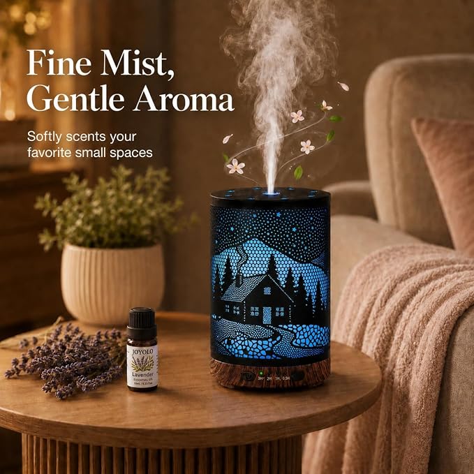 Essential Oil Diffuser, 120 ml Aromatherapy Diffuser with 7 Color Lights, Auto Shut-Off and 4 Timer Settings, Ultrasonic Cool Mist Diffuser for Home Room Office (Winter Cabin)