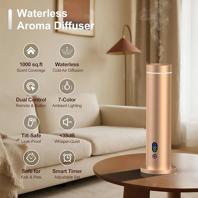 Waterless Diffuser, Essential Oil Diffuser, 1000 Sq.Ft Coverage Scent Diffuser – Plug-in Only, Adjustable Mist, Remote, Mood Lights for Home & Office, Large Room, Hotel, Gold