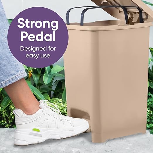 Superio Slim Step On Trash Can, Beige Waste Bin with Foot Pedal Lid 26 Liter, Kitchen, Under Desk, Office, Bedroom, Bathroom (1, 6.5 Gallon)