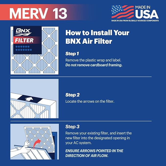 BNX TruFilter 20x23x1 Air Filter MERV 13 (12-Pack) - MADE IN USA - Electrostatic Pleated Air Conditioner HVAC AC Furnace Filters for Allergies, Pollen, Mold, Bacteria, Smoke, Allergen, MPR 1900 FPR 10