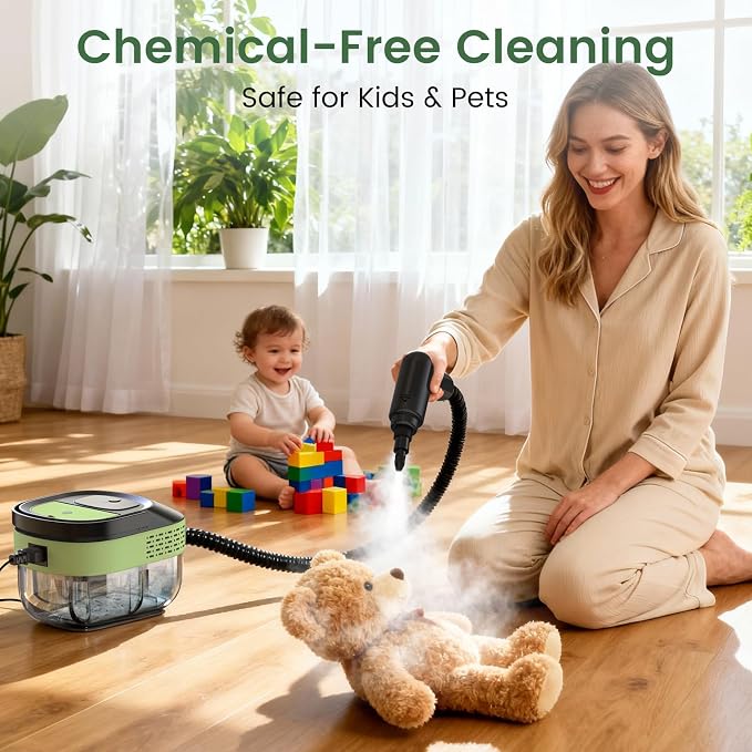Granarbol Steam Cleaner, 2500W 1.6L Handheld Steamer for Home Car Cleaning | 10s Heat-up, 19pcs Accessories, 3 Levels, Chemical-free Cleaning for Kitchen, Floor, Bathroom, Car Interior, Black & Green