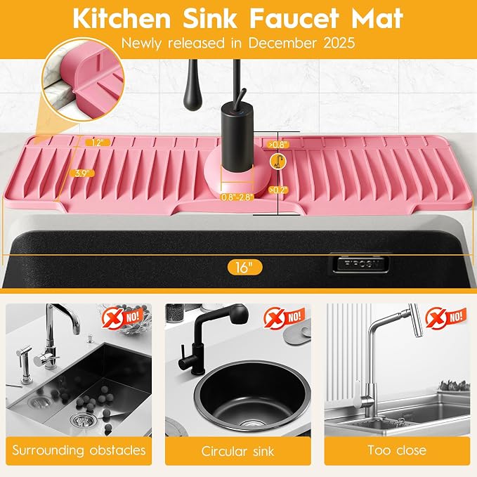 16" Silicone Faucet Mat for Kitchen Sink Released in 2026,8° Slope Fast Self-draining-Kitchen Sink Splash Guard,Bathroom Kitchen Sink Area Water Splash Guard Behind Faucet Draining Mat(Pink)