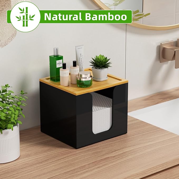 VITVITI Disposable Face Towel Holder for Clean Skin Club, Acrylic Box Black | 50 XL Face Towels Holder Container, Facial Towel Storage with Bamboo Lid, for Bathroom, Vanity Makeup