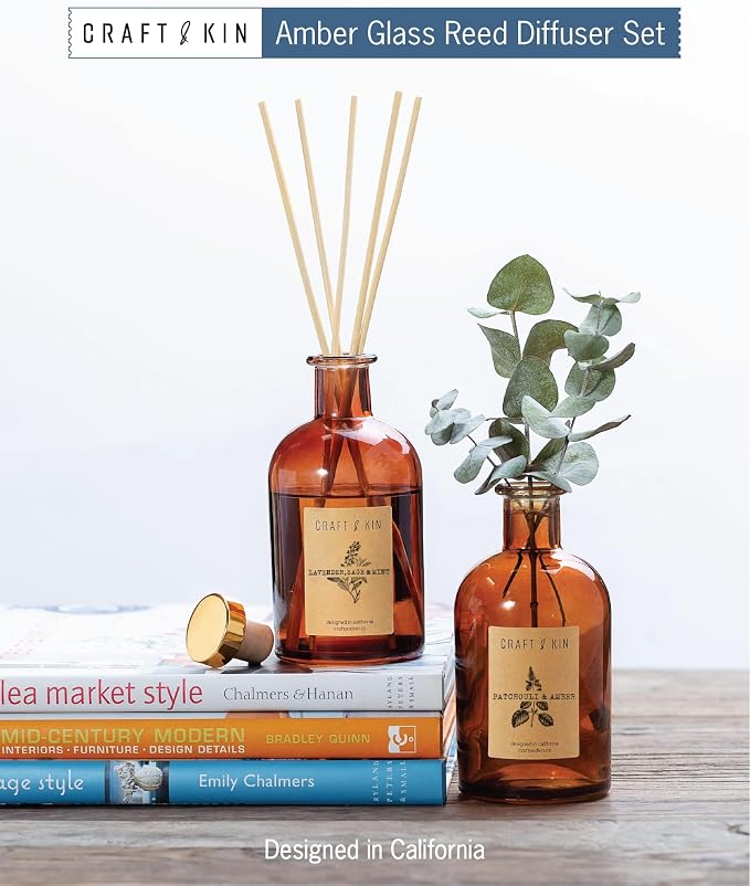 Craft & Kin Sage, Mint & Lavender Reed Diffuser – 5.75 oz Essential Oil Diffuser for Home & Bathroom – Up to 120-Day Fragrance with 8 Rattan Scent Sticks – Amber Glass Room Decor