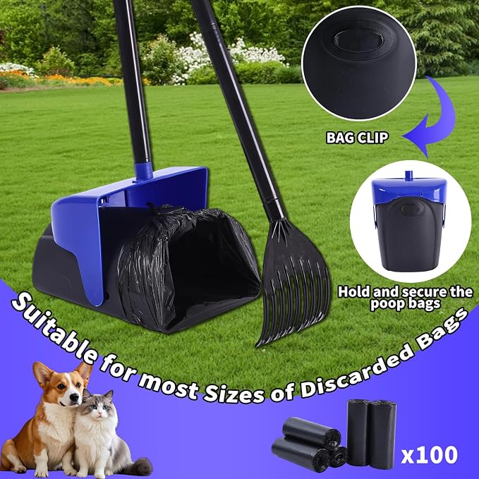ienjoyed 43" Tall Pooper Scooper Large Swivel Bin & Rake with 100 Waste Bags,Heavy Duty Dog Pooper Scooper for Dogs, Long Handle Poop Scooper with Lid for Yard, Grass, Gravel (Blue)