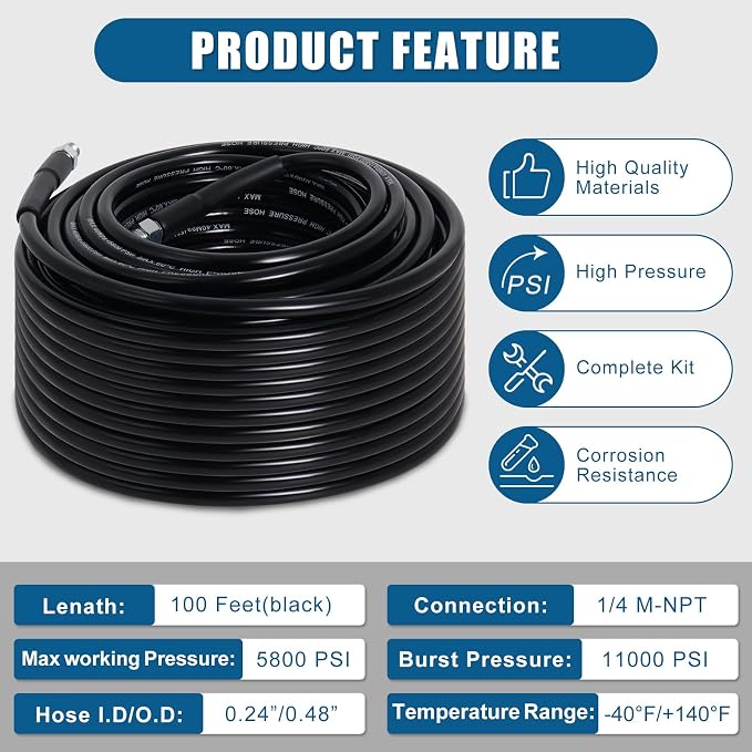 100FT Sewer Jetter Kit for Pressure Washer 5800PSI Drain Cleaner | 1/4" NPT Sewer Hose with 4 Jetting Nozzles, Handle Strap and Tools for Pressure Washer Drain Cleaning
