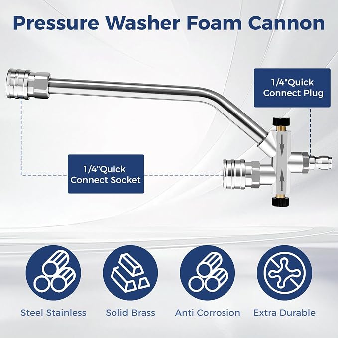 Foam Cannon Dual Connector for Pressure Washer, Industrial Car Wash Foam Gun Kit 1/4 Inch Quick Connector, Adjustable Soap Cannon with 5 Pressure Washer Nozzle Tips, Adapter, 1 Liter