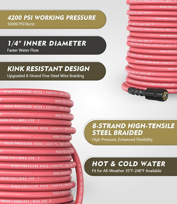 Pressure Washer Hose 50 ft, 4200 PSI Flexible & Kink-Resistant, Steel-Braided & Durable, High Power Washer Hose with M22-14mm Stainless Steel Plug, Hot/Cold Water Compatible - 50 Foot, Red