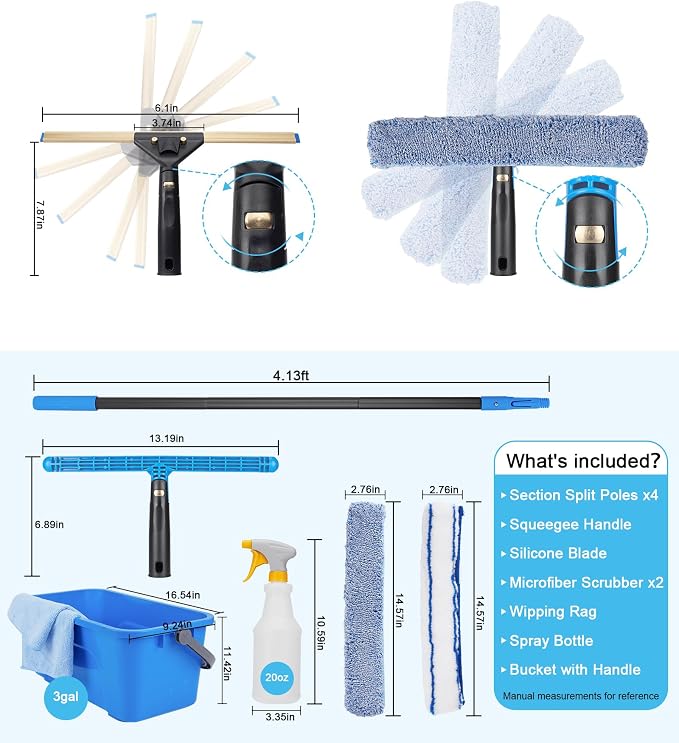 Professional Window Cleaning Kit with 50" Extension Pole, 8-in-1 Window Scrubber Squeegee Set, 14" Flexible Head, 3 Gallon Storage Bucket, Spray Bottle Microfiber Cloths for High Indoor/Outdoor Glass