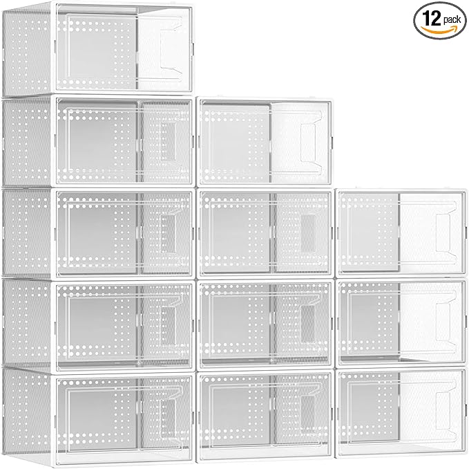 Secret Space 12 Pack Large Shoe Organizer Storage Boxes for Closet, Modular Space Saving Shoe Boxes Clear Plastic Stackable Sneaker Containers Display Case with Lids, White02