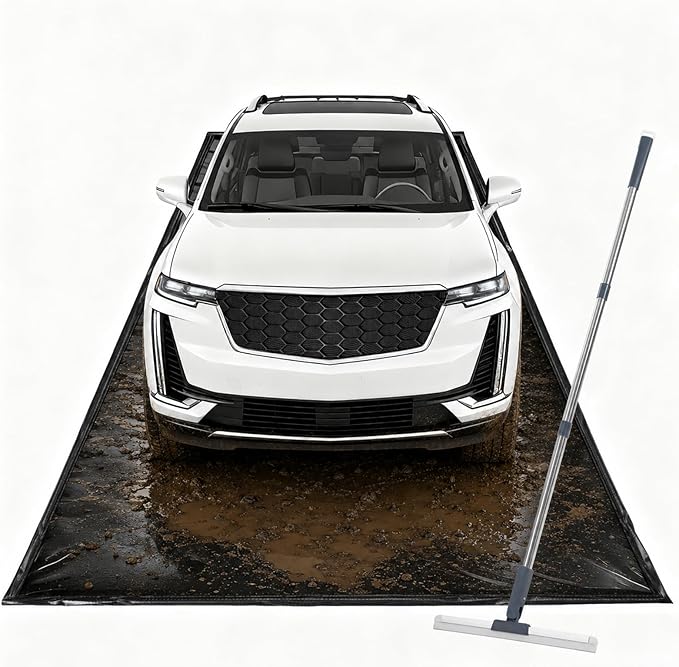 8'6" x 20' PVC Waterproof Garage Floor Mat with Floor Squeegee | Heavy Duty 1300D PVC Containment Mat, Waterproof Protection from Snow, Rain and Mud for Cars