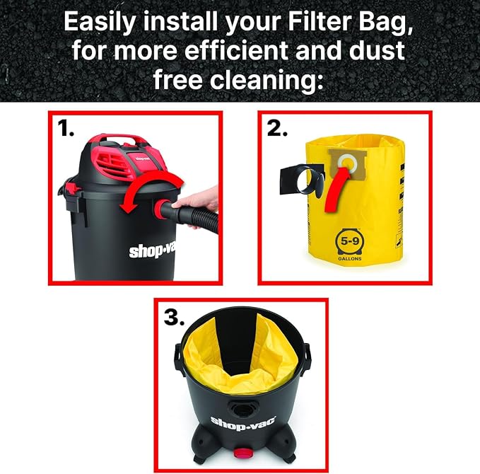 Shop-Vac 9067133 High Efficiency Disposable Vacuum Filter Bags (2-Pack) | Fits 5-9 Gallon Tanks, Enhanced Filtration and Dust Control