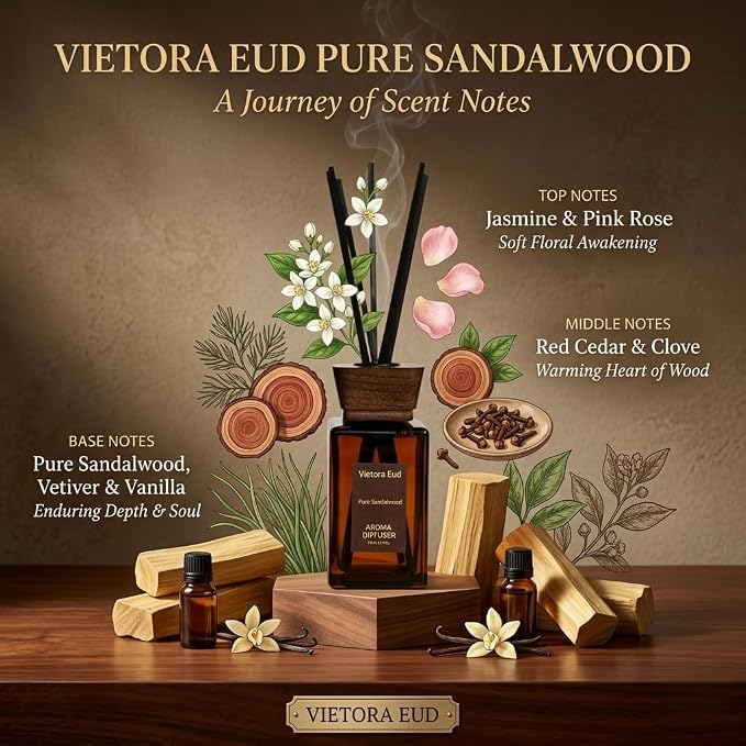 Sandalwood Reed Diffuser, 5.6 Fl Oz | Warm home fragrance; Woody Scent Lasts for 12 Weeks for Bedroom, Bathroom, Living Room or Office; Gift-ready.