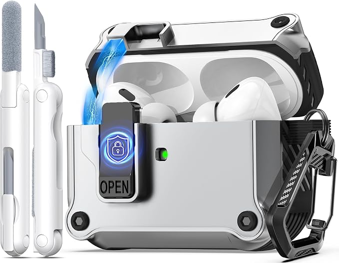 R-FUN for AirPods Pro 2 Case with Lock Magnetic Lid, Silver | Compatible with AirPods Pro 2nd Generation and AirPods Pro 1st Generation (2019) Case with Cleaner Kit & Carabiner, MagSafe