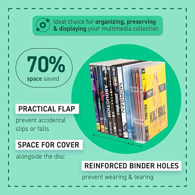 Tarifold DVD Storage Binder Sleeves, 2-Ring Holes & Closing Flap, 100 Pack | Reinforced 2-ring holes, holds DVD, cover art and booklet, 120-micron polypropylene