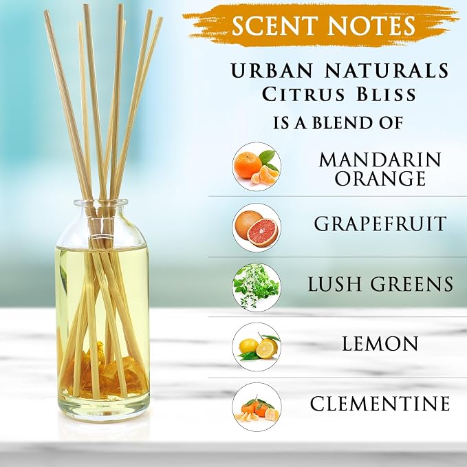 Reed Diffuser Set, Citrus Bliss - Bathroom Shelf Décor | Mandarin Orange & Grapefruit with Real Orange, Fresh Home Fragrance