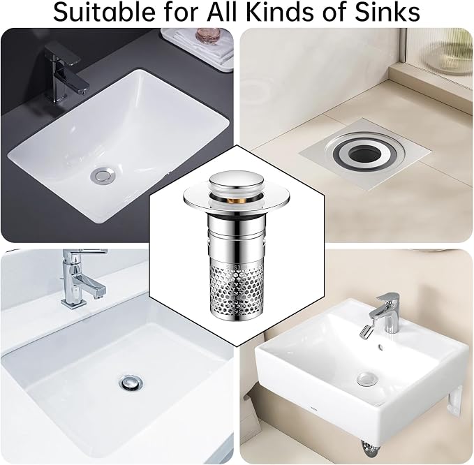 3 Pack Bathroom Sink Drain Strainer, Pop Up Stopper with Hair Catcher | Fits 1.5"-2.3" Drain Holes, Stainless Steel Basket, Brass Core, Tool-Free Installation