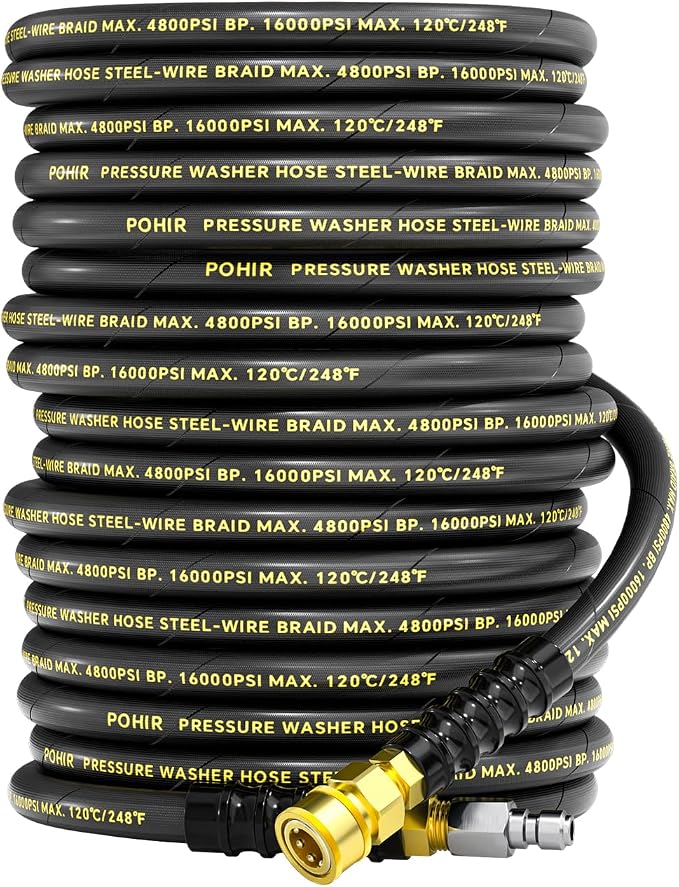 POHIR 3/8" Pressure Washer Hose 100ft 4800PSI, Power Washer Hose Steel Wire Braided with Swivel Quick Connect, Commercial Grade Industrial High Pressure Water Washing Hose (4800PSI, 100FT)