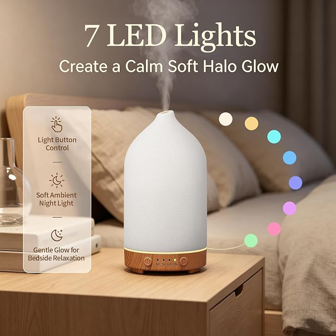 200ML Ceramic Essential Oil Diffuser for Home, Stone Diffuser 2 Pack | Ultrasonic Aromatherapy Diffuser & Air Humidifier for Bedroom, Office, Yoga, 7 LED Lights, Auto Shut-Off, 3 Timers,Wood Grain