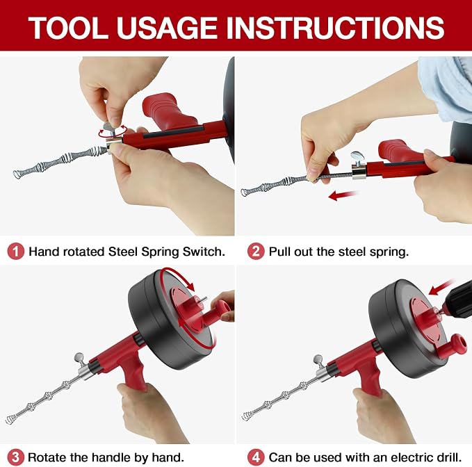 Drain Snake, Plumbing Snake With Drill Adapter, 35ft Heavy Duty Flexible Sink Steel Drain Auger Bathroom Hair Clog Removal Tool, Manual Or Powered - No auto retract or feed