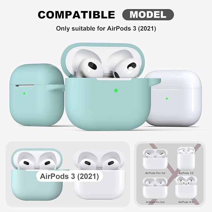 R-fun Compatible with AirPods 3 Case Cover, Silicone Protective Accessories Skin with Keychain Compatible with Apple AirPod 3rd Generation 2021 for Women Men Girls Boys,Front LED Visible,Turquoise