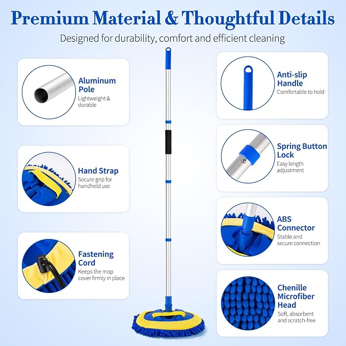 62" Car Wash Brush kit with Long Handle & 3 Scratch-Free Refill Mitt | Chenille Microfiber Car Washing Mop Head, Car Wash Stick, Car Brush Clean Kit, Car Cleaning Supplies for RV Truck Boat, Blue