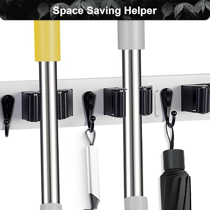 Broom Holder Wall Mount With 5 Slots & 4 Hooks，Rustic Wood Broom & Mop Hanger，Wall Mounted Garden & Garage Tool Storage Organizer Rack for Closet Laundry Room or Kitchen Wall Decor White