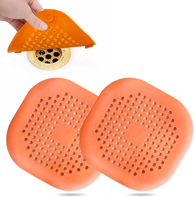 Bovinde Hair Drain Catcher,Square Cover for Shower 2 Pack (Orange) | Drainer Cover Silicone Hair Stopper with Suction Cups,Protector Accessories,Easy to Install Suit for Bathroom,Bathtub,Sink