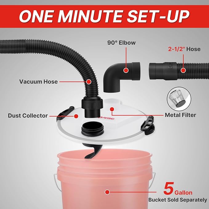 Shop-Vac 5430050 Dust Collector, Fits 5 Gallon Bucket(Sold Separately), Easy Disposal of Dust & Debris, Elbow Fittings, 2-1/2" Hose and Metal Filter Included | 2-1/2" Hose and Metal Filter Included, Easy Disposal of Dust & Debris, Elbow Fittings