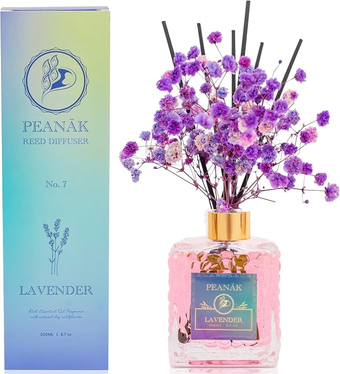 PEANÄK Lavender Reed Diffuser Set - 6.76 fl oz Scented Oil Diffuser with Natural Essential Oils & Sticks for Home, Bathroom & Bedroom Decor - Long-Lasting Aromatherapy Gift