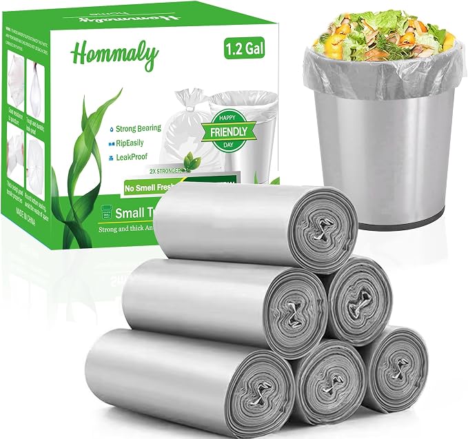 Hommaly 1.2 Gallon 240 pcs Small Silver Gray Trash Bags, Strong Garbage Bags, Bathroom Trash Can Bin Liners Unscented, Grey Mini Plastic Bag for Office, Waste Basket Liner, Fit 4.5-5 Liters,1-1.2 Gal