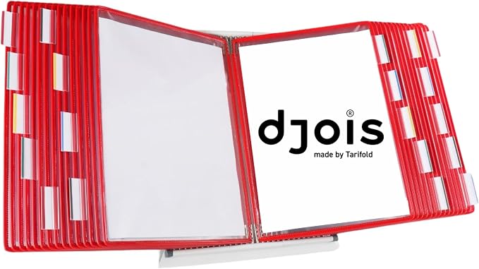 Tarifold Desktop Reference Display System, 30 Pockets, Expandable, Red | 30 double-sided PVC pockets, holds 60 letter-size sheets, sturdy metal base, quick-find indexing, quick and easy to assemble