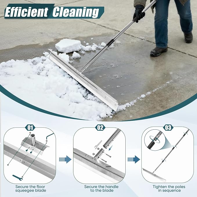 Heavy-Duty 33.4" Floor Squeegee for Concrete, Industrial Silicone Blade Squeegee for Floor with 63" Stainless Handle, Anti-Splash Curved Baffle Design for Garage, Factory, and Tough Cleaning Jobs