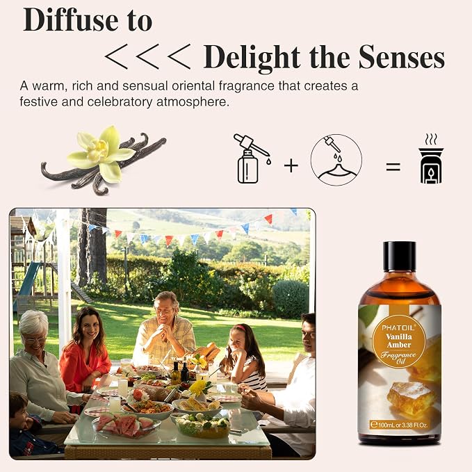 PHATOIL Vanilla Amber Fragrance Oil for Diffuser Aromatherapy 3.38FL.OZ | Long Lasting Scented Oils For Humidifier, Air Freshener, DIY Soap Candle, Scent Project Making, Aroma Oil for Home Freshening