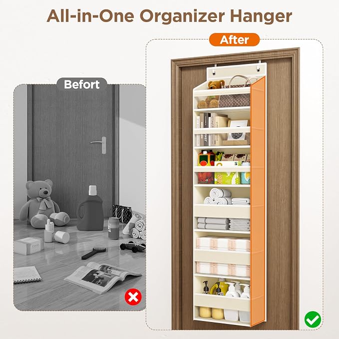 6 Tiers Over The Door Organizer, Behind The Door Storage Hanging Shelves | Heavy Duty Hanging Organizer Storage with Large Capacity Pockets for Closet Wall Bathroom Bedroom Nursery Pantry, 1 Beige