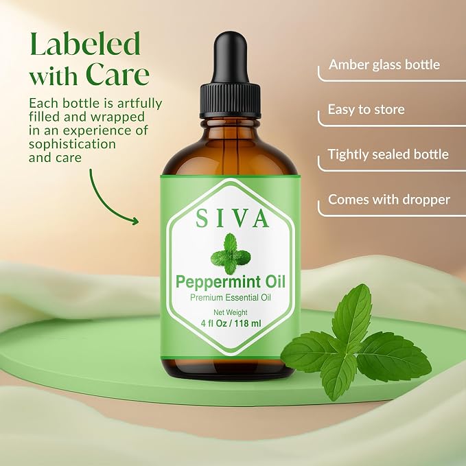 Siva Peppermint Essential Oil, Glass Bottle with Dropper, 4 Fl Oz (118 ml) | Peppermint Oil for Diffuser, Humidifier, Skin Care, Hair Care, Scalp Care, Body Massage, Soap Making, Blending & DIY Projects