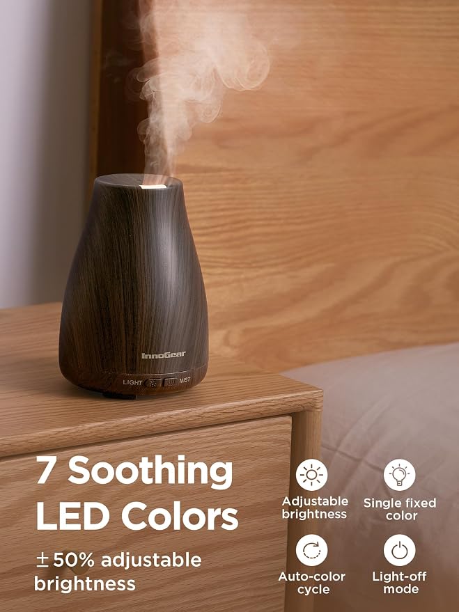 InnoGear Essential Oil Diffuser Ultrasonic Diffusers for Home Scent, Brown | Cool Mist Humidifier, Aromatherapy, Large Room, Run up to 8hrs, Waterless Auto Off, 7 Lights, Living Room, Quiet Operation