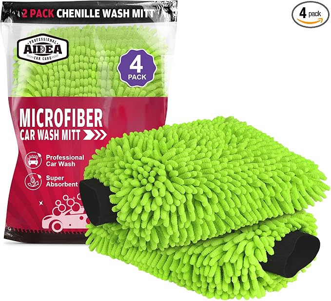 AIDEA Car Wash Mitt Microfiber, 4PK,Car Wash Brush, Green 8''X12'' | Scratch Free Lint-Free, Premium Chenille Microfiber Mitt, Cleaning Supplies, Extra Large Size