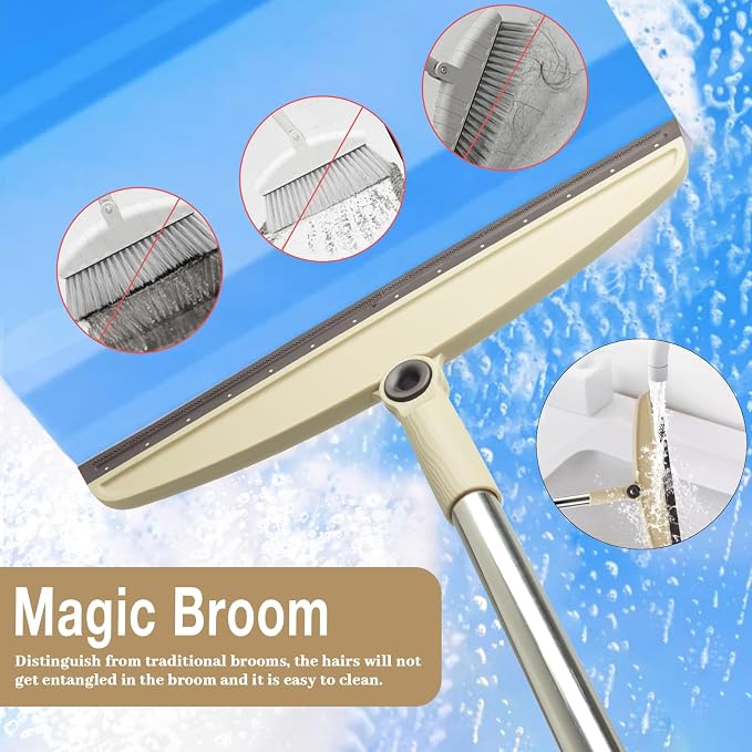 Silicone Air Broom, Multi-Function Long Handle with Adjustable Rubber Squeegee for Indoor Hardwood Floors, Kitchens, Concrete Floors, Bathroom Tiles (Beige)
