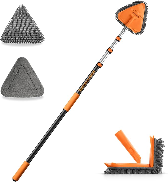 4-12 ft Wall Cleaner Tool with Extension Pole for Baseboards and Walls | 3-in-1 Wall Washer Mop for Painted Walls, Windows and High Ceilings // Long Handle Cleaning Mop with 4 Replacement Pads