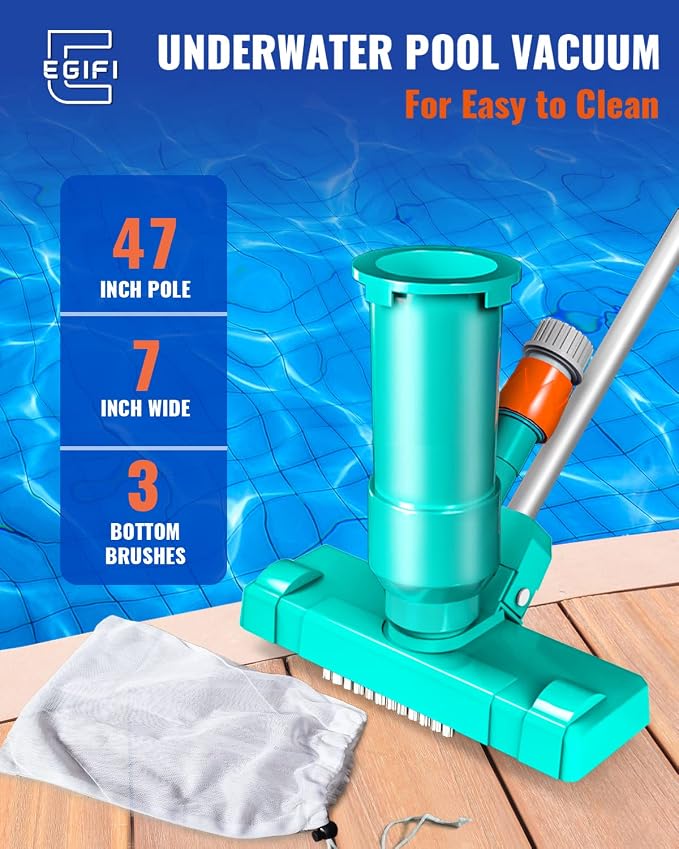 Portable Pool Vacuum for Above Ground/Inground Pool, Pool Cleaner Vacuum with 3 Scrub Brushes, Pool Leaf Vacuum & Nylon Mesh Net, Pool Cleaners for Swimming Spa Fountain Pond Hot Tub, Pure Green